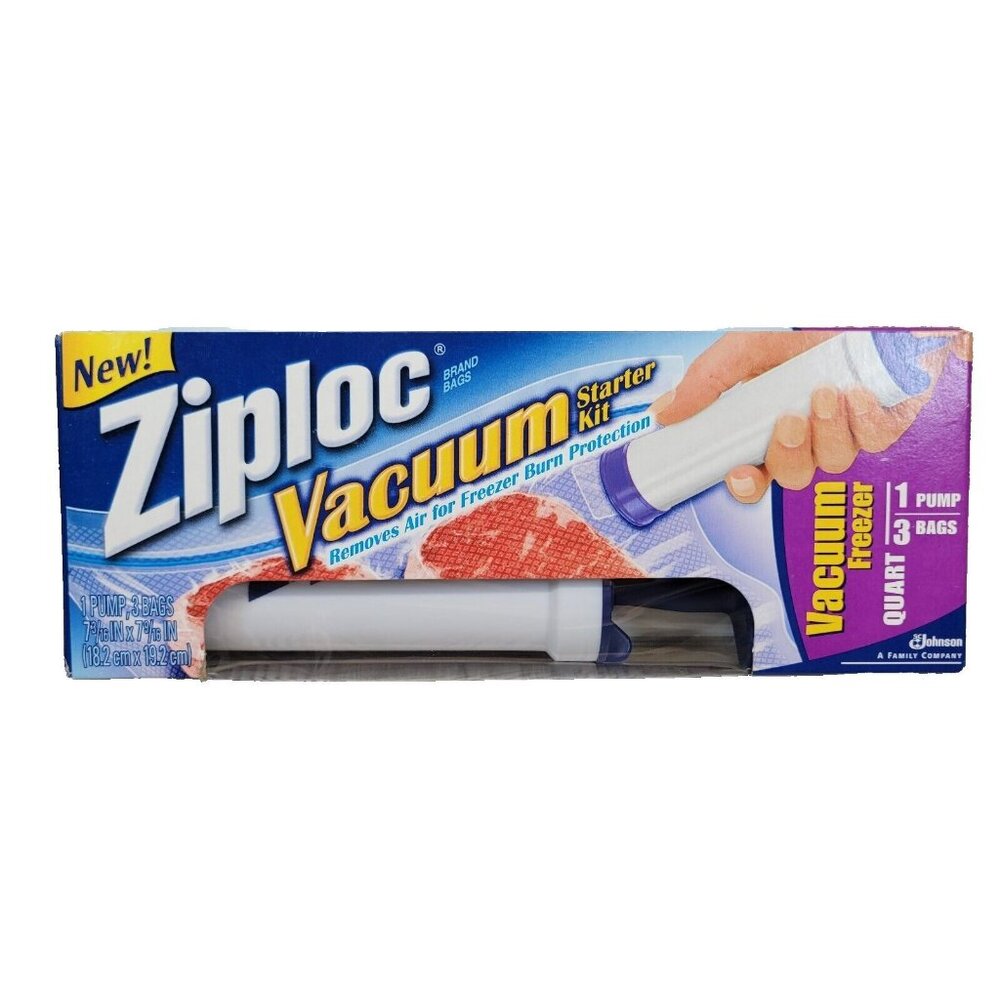 Ziplock Brand Vacuum Starter Kit 1‎ Hand Pump 3 Freezer Quart Bags New In Box